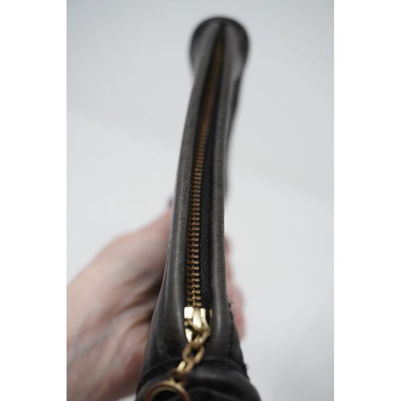 Coach Vintage Cosmetic Case Black Glove Tanned Leather Striped Canvas Lining - Picture 10 of 14